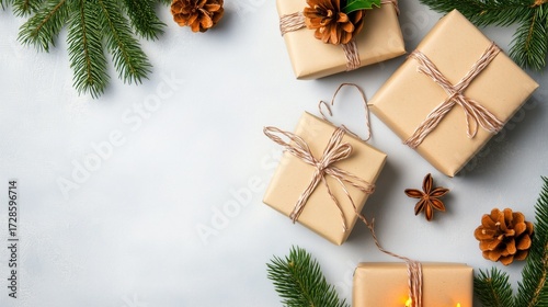 Rustic christmas gift boxes with pine cones and greenery on light background