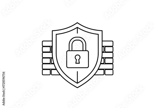 Digital security concept with a shield padlock and firewall.
