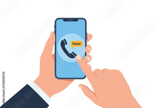 A hand is holding a smartphone showing a phone icon and the word phone.