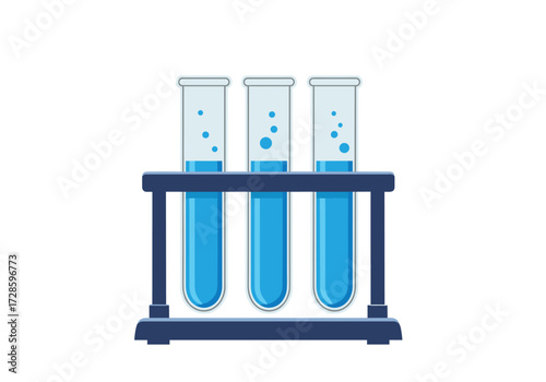 Three clear glass test tubes containing blue liquid sit in a dark blue rack.