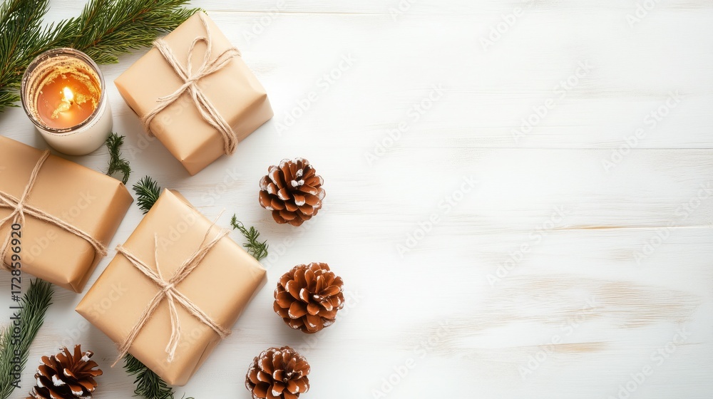 Fototapeta premium Festive holiday scene with wrapped gifts, pine cones, and candle on wooden surface