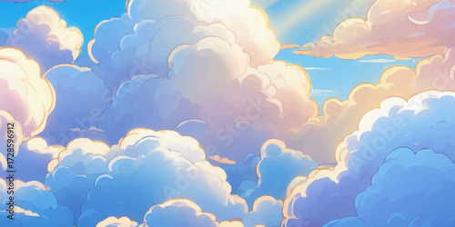 Fluffy white clouds drift across a bright blue sky on a beautiful summer day