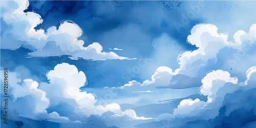 Fluffy white clouds drift across a beautiful blue sky on a bright summer day