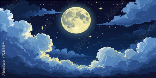Full moonlight shines on a tranquil sea under a dark, starry sky with scattered clouds