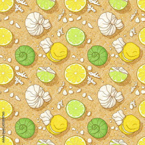 Seamless pattern of lemons and limes shaped like seashells on sandy seafloor