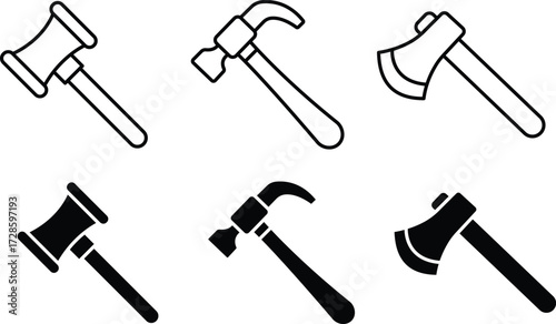 High quality axe mallet and hammer tool icons for construction and woodworking projects and Vector Silhouette..eps