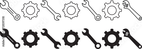 Industrial Tools and Gear Icon Set Featuring Wrench and Cog Symbols and Vector Silhouette..eps