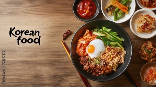 Delicious korean cuisine: bibimbap with kimchi and vegetables