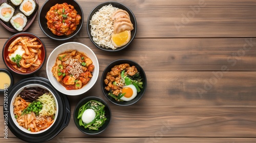 Assorted korean dishes on wooden table featuring bibimbap and kimchi
