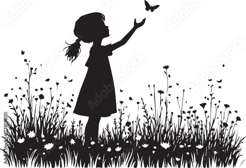 Silhouette illustration of child reaching for butterfly in wildflower field — nature, innocence, and freedom concept