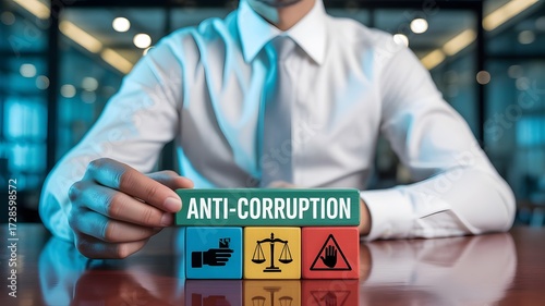 Anti-Corruption Concept with Justice and Ethics Icons on Wooden Blocks