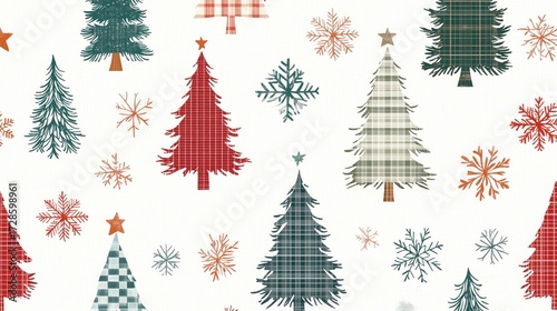 Festive plaid christmas trees and snowflakes pattern on white background