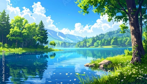 Serene lake reflecting a mountain and forest under a bright, sunny sky