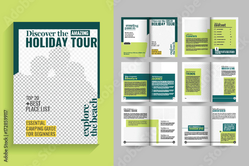 Travel Magazine Template Layout. Clean & Modern Magazine professional custom Travel, Agency brochure. 12 page green blue travel book.