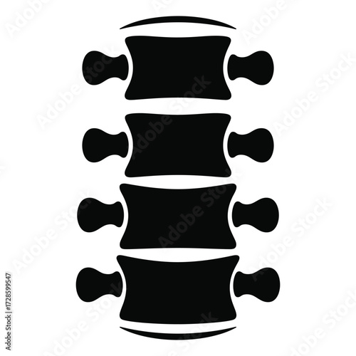 Stylized black and white graphic illustration of a human spine segment with vertebrae and discs