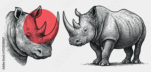 Engraved Rhinos – Vintage Black and White Wildlife Illustration with Red Circle Highlight