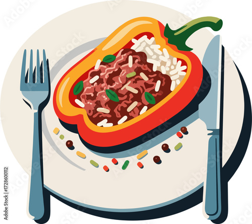 Gourmet Stuffed Bell Peppers with Savory Ground Beef and Rice on Plate, Cartoon Vector Food Illustration for Healthy Dinner Menu