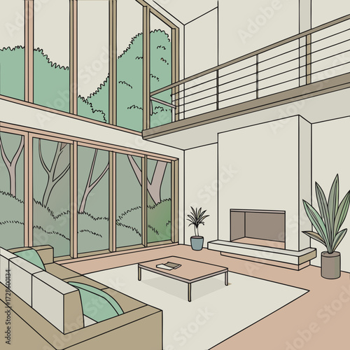 Modern living room with large windows and loft balcony