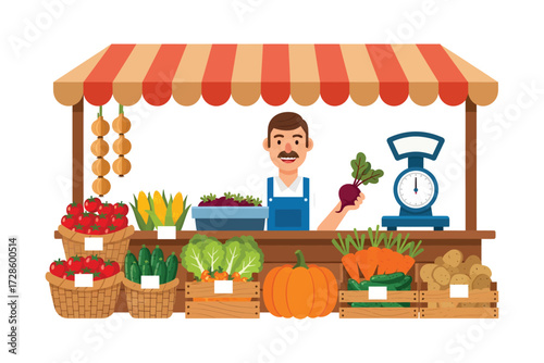 Friendly farmer proudly displays vibrant fresh produce at a bustling outdoor market stall, offering healthy goodness to shoppers