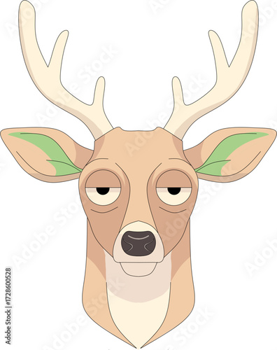 Cartoon deer head with antlers and droopy eyes.