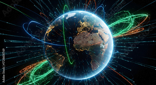 3D representation of Earth with dynamic lights and digital connections, symbolizing technology and global networks.