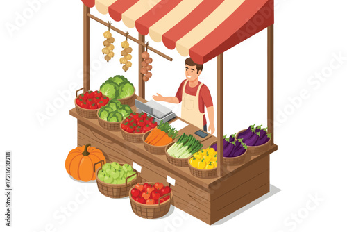 Fresh Market Stall: Capturing the charm of a local market, a vendor stands proudly behind his colorful display of fresh produce, inviting customers to savor the taste of nature's bounty