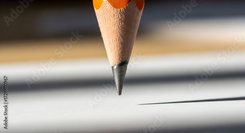 Close-up of a sharpened pencil on a white sheet of paper, symbolizing creativity and precision in drawing or writing.