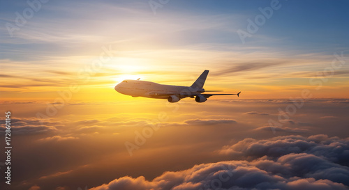 Airplane flying above the clouds at sunset, creating a stunning view of the sky during golden hour.