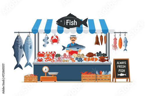 Fresh Seafood Market: A vibrant illustration depicts a bustling seafood market, brimming with a wide array of fresh catches, showcasing the bounty of the ocean.
