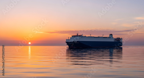 Cargo ship on the ocean at sunset, with vibrant orange skies reflecting off the water, creating a dramatic maritime scene.