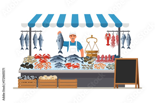 Fresh Catch Market: A vibrant and inviting illustration of a traditional fish market, showcasing a wide array of seafood, from fresh catches to tantalizing displays.