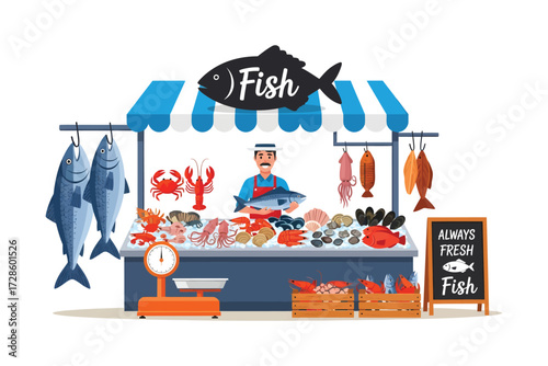A Fresh Catch: An inviting seafood stall bursts with the colors of the ocean's bounty, showcasing a variety of freshly caught fish, inviting onlookers to savor the taste of the sea.