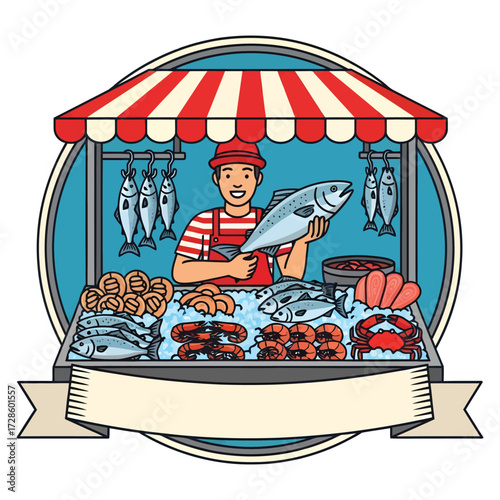 Fresh Seafood Display: A vibrant illustration showcases a seafood vendor proudly presenting their fresh catch, from plump shrimp to glistening fish.