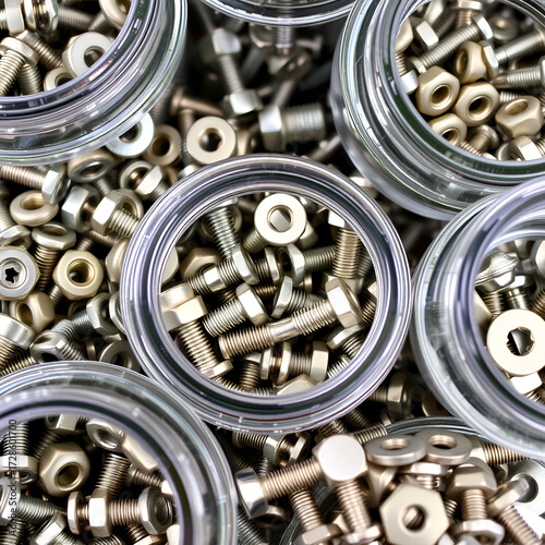 Close-up of nuts and bolts with screws and washers in jars