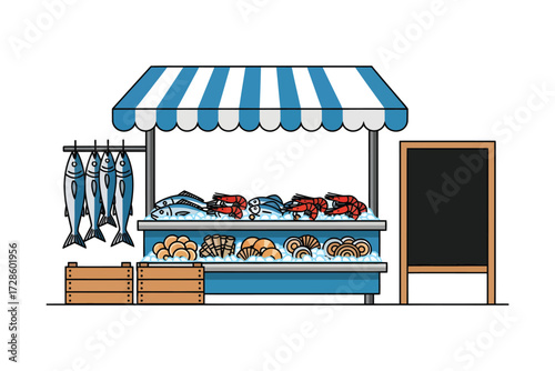 Fresh Catch Market: A vibrant fish market stall showcases an array of fresh seafood, including various fish, crustaceans, and baked goods, under a striped awning.