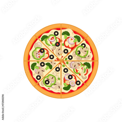 Colorful veggie topped pizza illustration