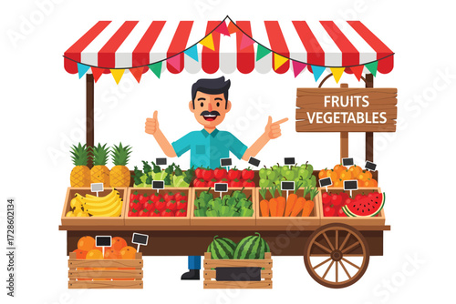 Vendor's Bounty: A lively vendor stands proudly beside his vibrant fruit and vegetable stall. Colorful produce tempts customers, promising a fresh harvest and healthy lifestyle.
