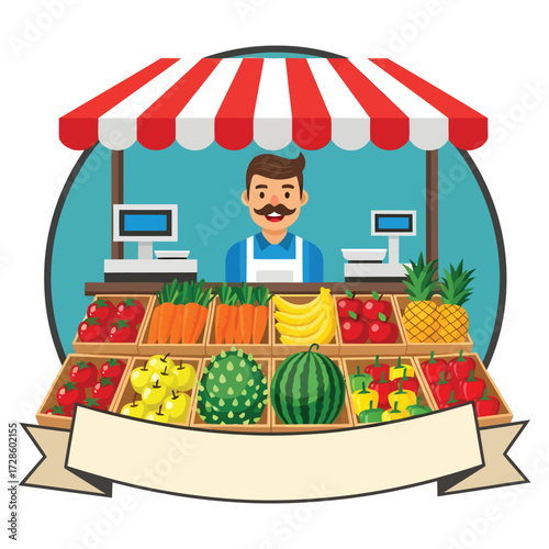 Fresh Market Stall: A vibrant illustration of a farmer's market stall, showcasing an array of fresh fruits and vegetables. The smiling vendor stands ready to serve.