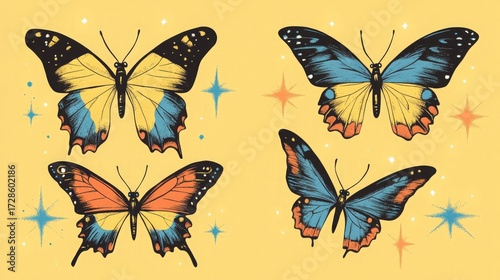 Vintage Butterfly Kit with Girly Aesthetic in Retro Bitmap Style for Poster Art or T-shirt