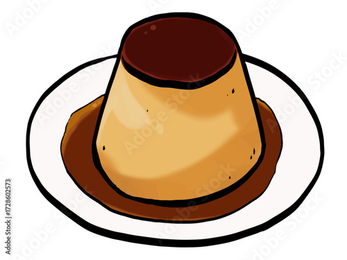 プリンのイラスト （筆タッチ） シンプル  / Caramel Pudding Illustration (Brush Style)