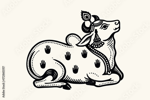 Sacred cow in folk style black and white vector illustration