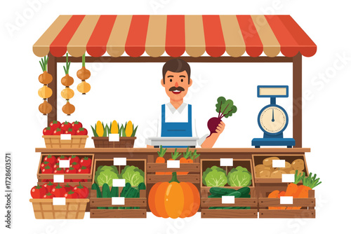 Farmer's Market Bounty: A friendly vendor stands proudly behind a vibrant display of fresh produce, a cornucopia of nature's gifts, ready for shoppers to select their treasures. 