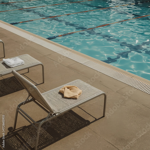 Swimming Pool with Lounge Chairs and Towels