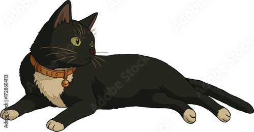 Vector file ready to use. Black cute cat sits on the floor, sitting looking at something. Looks very focus vector art for designer, graphics design, printing, advertising, Fabric printing, Packaging