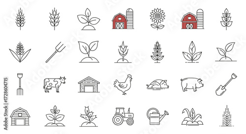 Minimalist Line Art Agriculture and Farming Icons Set for Modern Web and App Design