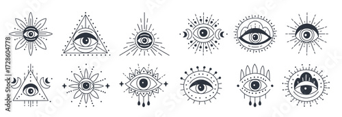 evil magical doodle eye set in a trending minimal linear style vector illustration