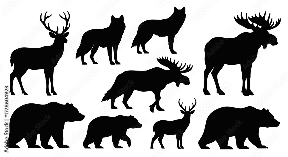 Naklejka premium Flat Vector Set of Wild Animal Silhouettes Arranged for Easy Use in Graphic Design Projects