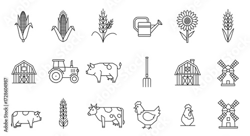 Comprehensive Line Icon Set of Agriculture and Farming Themes, Editable Vector Graphics