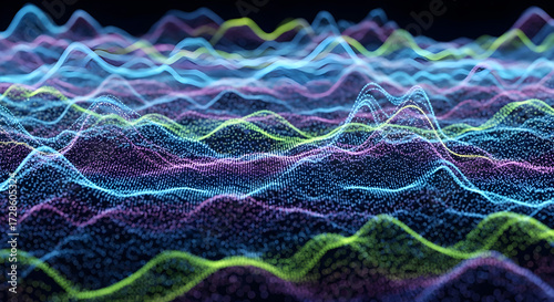 Abstract digital landscape of glowing colorful particles forming undulating wave patterns on a dark background.