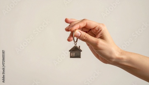 Primer plano llave y llavero en forma de casa sobre la palma de la mano. Concepto compra, hipoteca, hogar